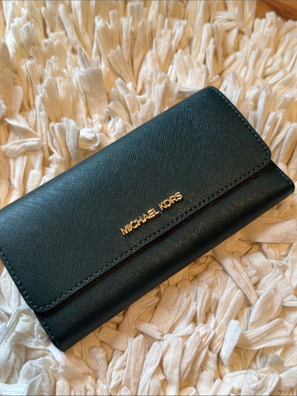 Michael Kors cross grain, leather, green trifold wallet